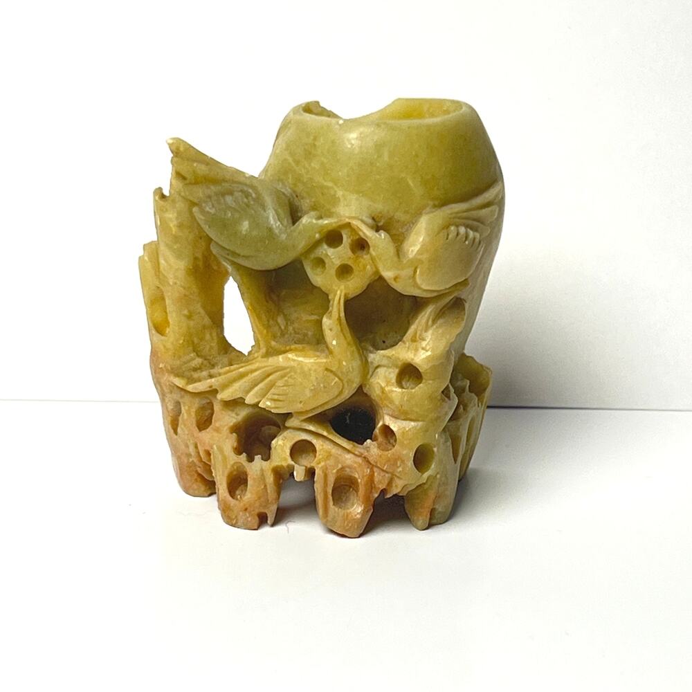 Vintage Carved Soapstone Brush Pot Tiny Asian Vessel Gift Shelf Decor Accent